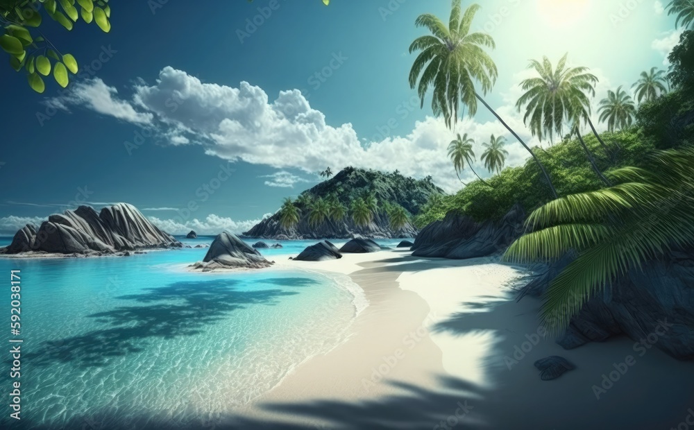 beach panorama, Palms on empty tropical sand beach, Summer tropical Beach, vacation background