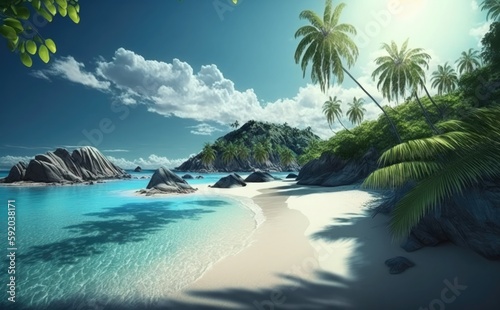 beach panorama, Palms on empty tropical sand beach, Summer tropical Beach, vacation background © printartist