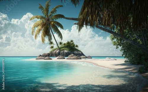 Beautiful sea beach on a tropical island  Palms on empty  tropical sand beach