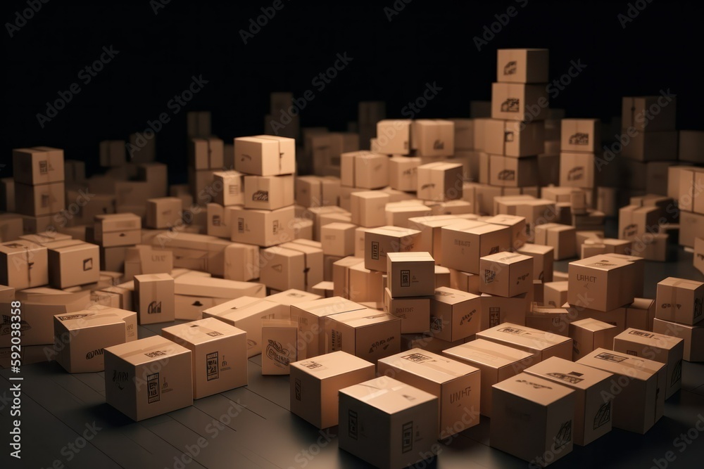 Pile of cardboard boxes near the wall indoors, space for text. moving day. generative AI Pile of cardboard boxes near the wall indoors, space for text. moving day. generative AI