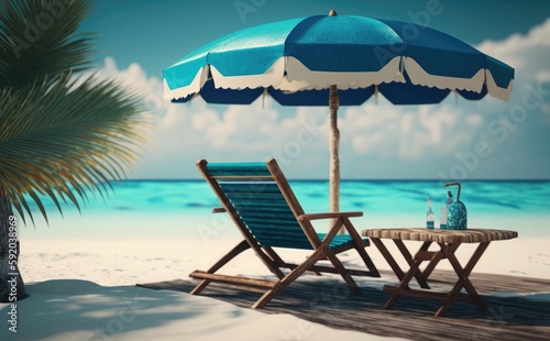 Beautiful beach banner, Beach chair and umbrella on sand beach, Amazing beach landscape © printartist
