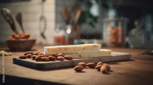 Marzipan bar and almonds on rustic table. generative ai