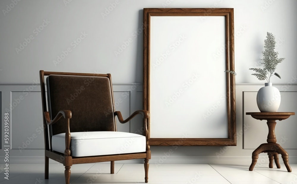 Wooden frame mock up on a wall. vertical poster frame mockup in modern minimalist interior Wooden frame mock up on a wall. vertical poster frame mockup in modern minimalist interior