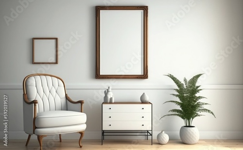 blank picture frame mockup on a wall vertical frame mockup in modern minimalist interior with plant in trendy vase on wall background, Template for painting, photo or poster © printartist