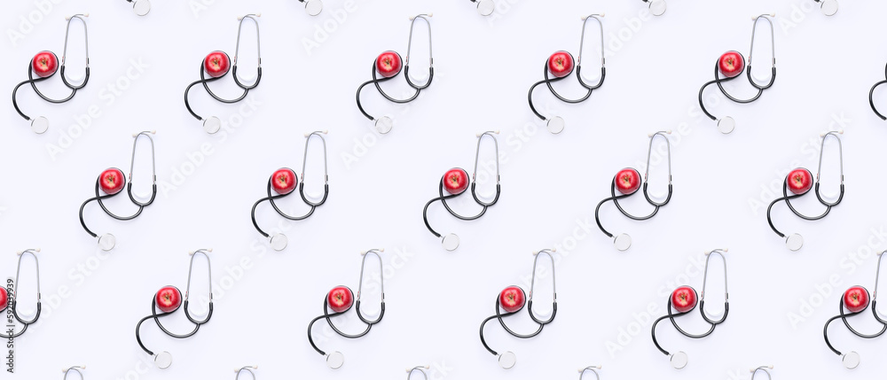 Many apples and stethoscopes on white background. Weight loss concept Many apples and stethoscopes on white background. Weight loss concept