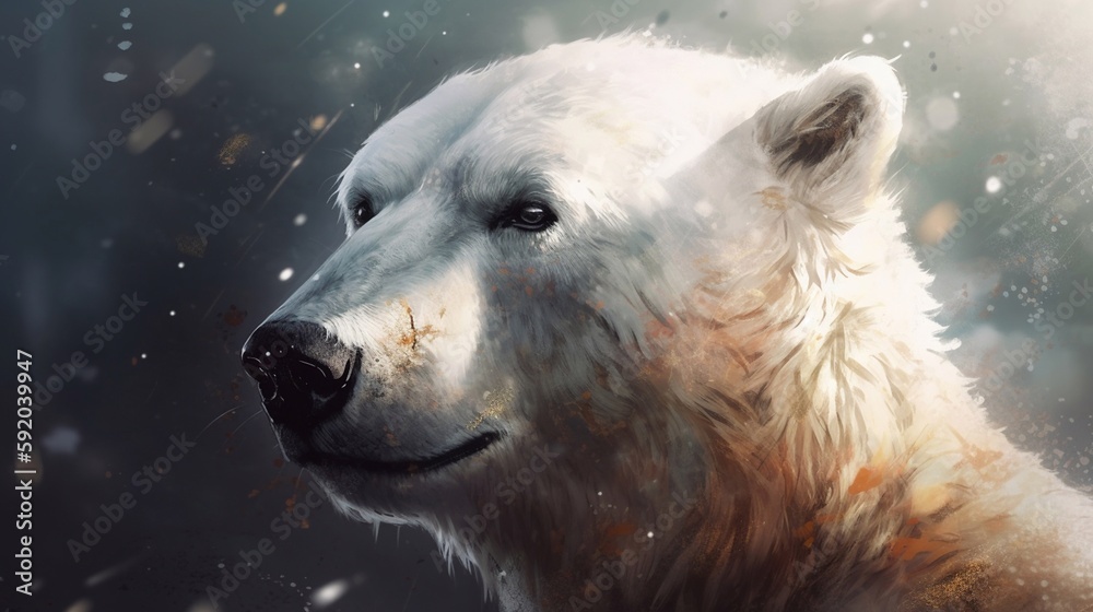 White bear on ice on neutral background, fur and snout details, daylight, bright ice colours. Generative AI.