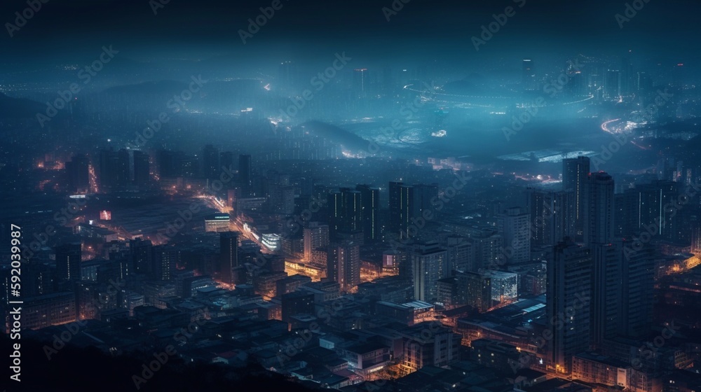 Detailed city skyline during the blue hour, artificial light, coloured city lights and buildings. Generative AI.