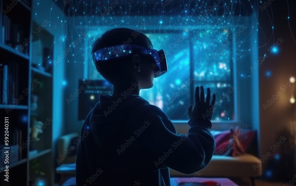 futuristic metaverse game and entertainment digital technology with virtual reality VR goggle playing AR augmented reality game and entertainment,