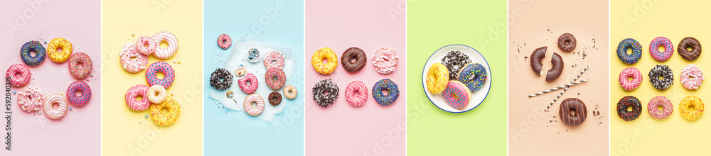 Collage with many sweet donuts on colorful background, top view - obrazy, fototapety, plakaty 