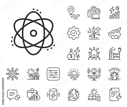Energy sign. Energy, Co2 exhaust and solar panel outline icons. Atom line icon. Chemical element symbol. Atom line sign. Eco electric or wind power icon. Green planet. Vector