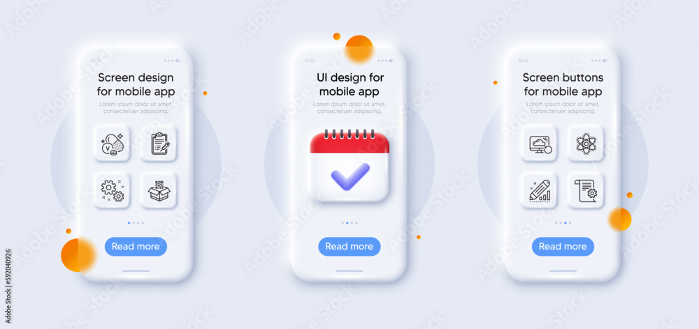 Recovery cloud, Vaccine report and Chemistry atom line icons pack. 3d phone mockups with calendar. Glass smartphone screen. Work, Qr code, Edit statistics web icon. Vector