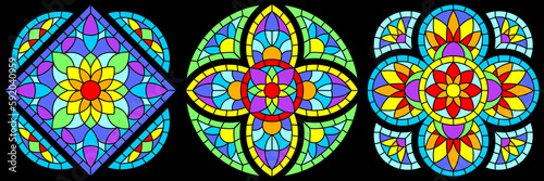 Set of stained-glass windows in gothic style. Medieval mosaic tile texture.