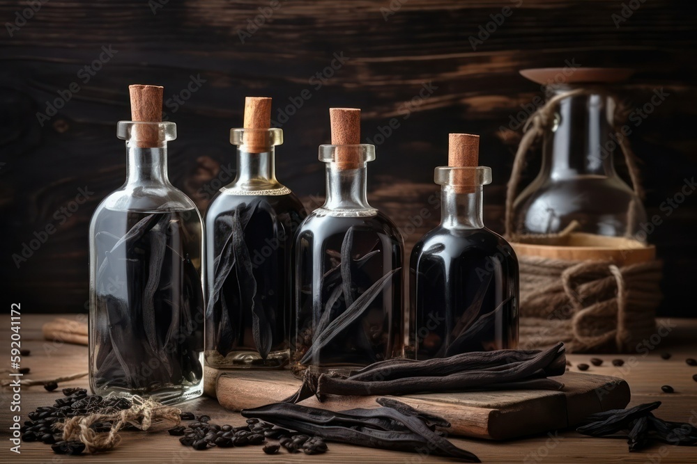 Bottles with vanilla aromatic oil and vanilla pods on a wooden background close-up. Generative AI Bottles with vanilla aromatic oil and vanilla pods on a wooden background close-up. Generative AI