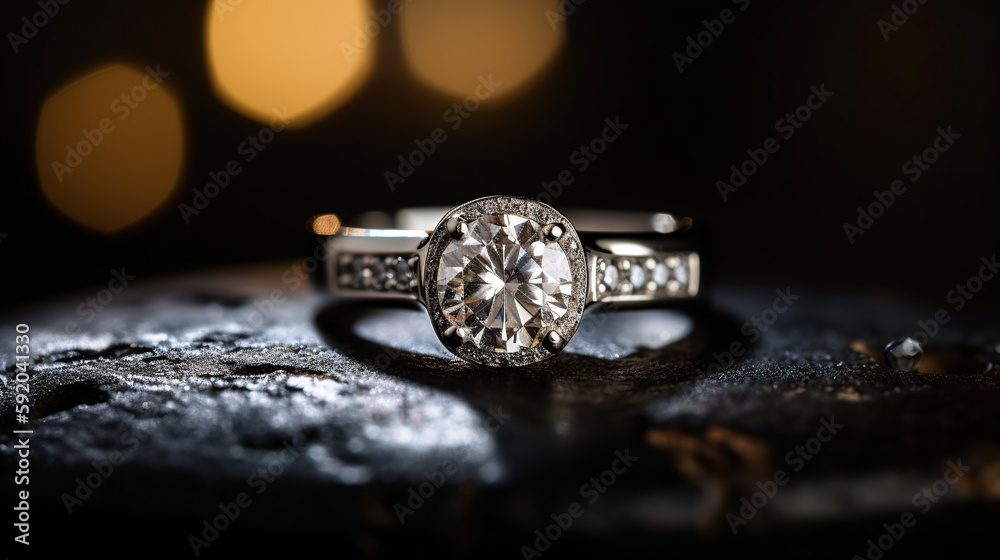 solitary engagement ring with a diamond, set against a black background. generative ai solitary engagement ring with a diamond, set against a black background. generative ai