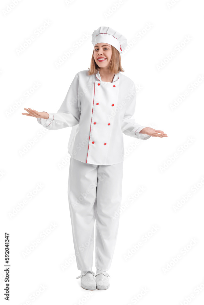 Female baker in uniform on white background Female baker in uniform on white background