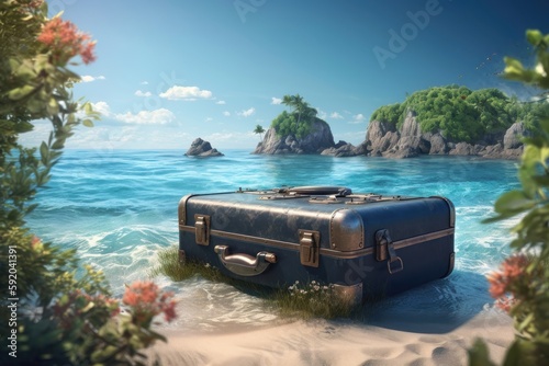 Creative summer beach with giant suitcase on island. AI generated © yuliachupina