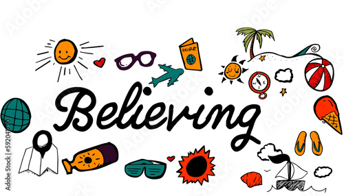 Believe text surrounded by various colorful vector icons