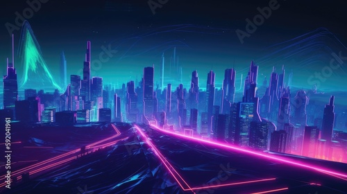 Futuristic landscape with neon colors with a cyberpunk style created with generative AI technology © DigitalParadise