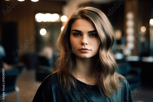 Woman at hairdresser modern salon. Hairdresser in styling and cutting hair. Generative AI.