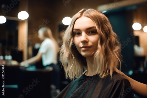 Woman at hairdresser modern salon. Hairdresser in styling and cutting hair. Generative AI.