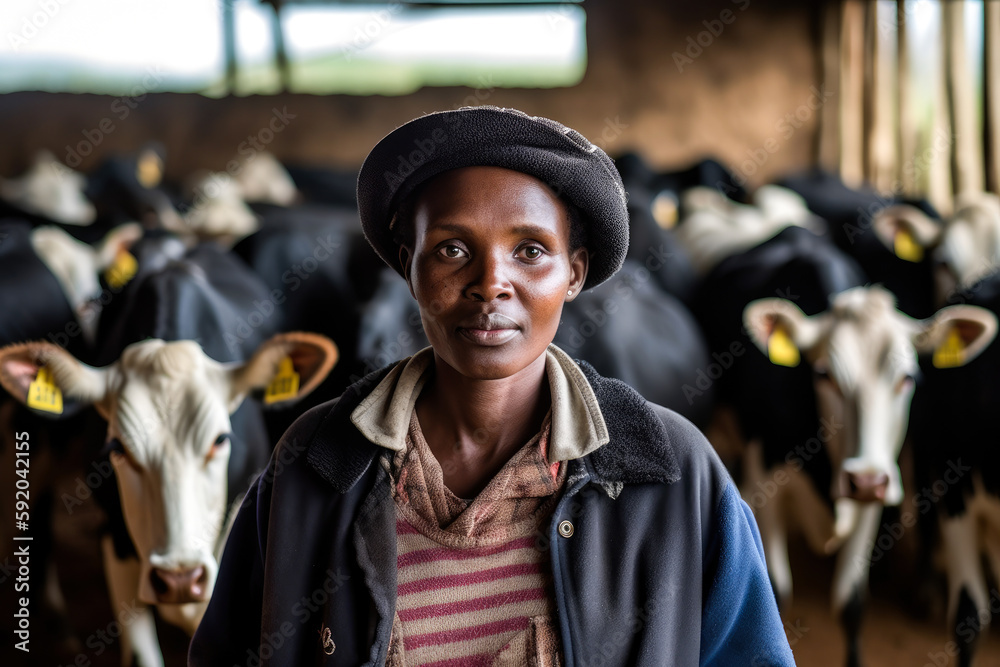 African woman taking care of cows on farm. Generative AI.