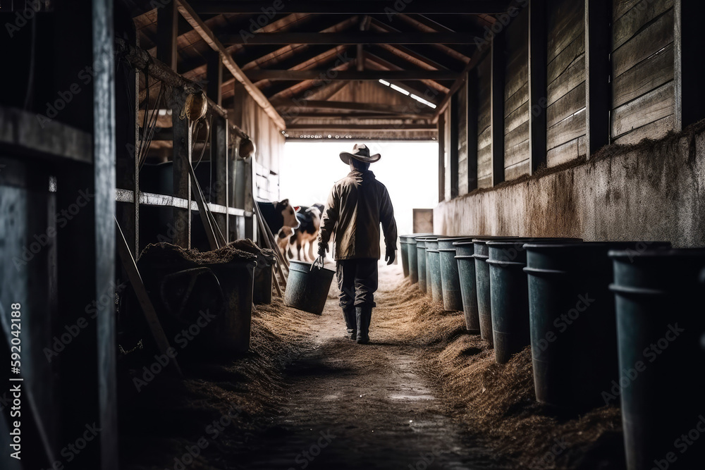 Young adult farmer in a barn taking care of cows. Generative AI.