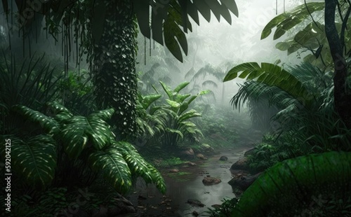 Asian rainforest with deep jungle  lush green foliage  Generative AI