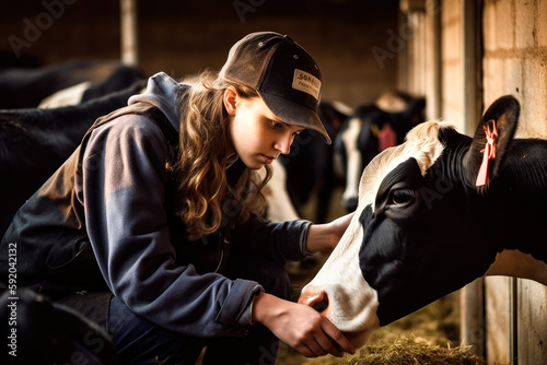 Veterinarian checking on herd's health in barn. Cows health is important. Generative AI.