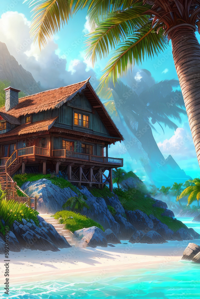 Obraz premium A cozy island house, palm trees, turquoise waters, tropical beach, Generative AI Art Illustration 08