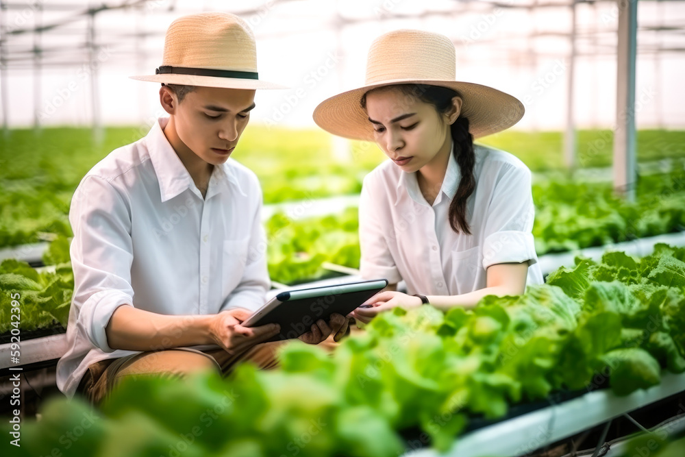 Smart farmer using smart tablet, organic farm production control. Generative AI. Smart farmer using smart tablet, organic farm production control. Generative AI.