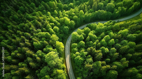 curvy road through green summer forest drone view