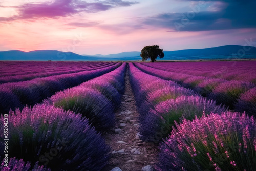 Stunning landscape with lavender field at sunset. Generative AI.