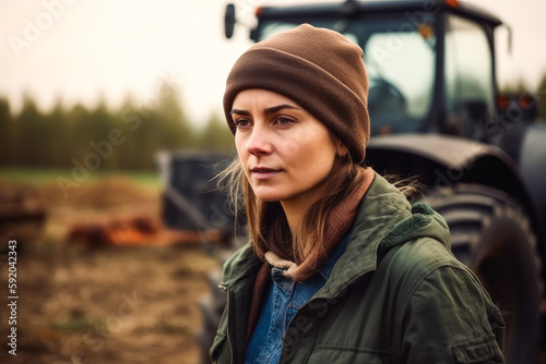 Farmer woman with tractors on farmland. Portrait of young farmer. Generative AI. © VisualProduction