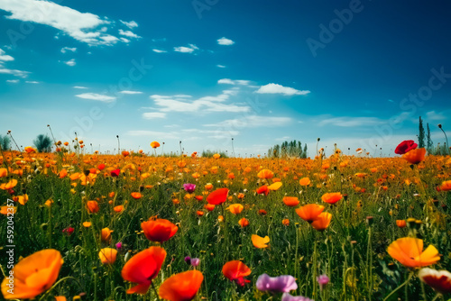 Large beautiful flower meadow blossoms in spring. Generative AI.