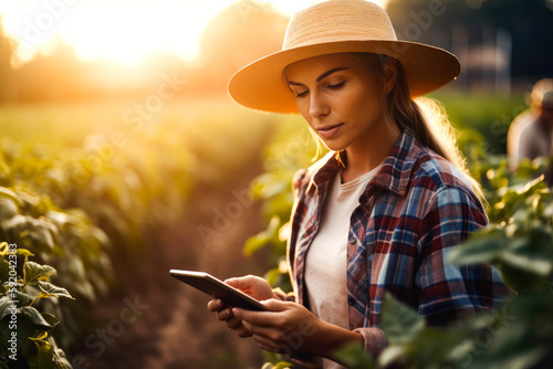 Smart farmer using smart tablet, organic farm production control. Generative AI.