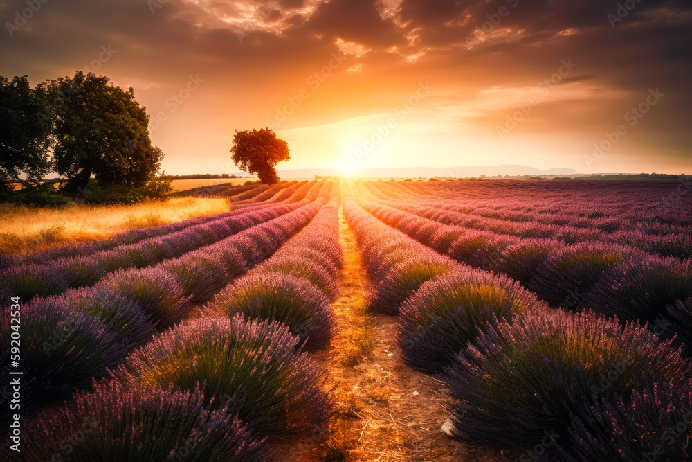 Stunning landscape with lavender field at sunset. Generative AI. Stunning landscape with lavender field at sunset. Generative AI.