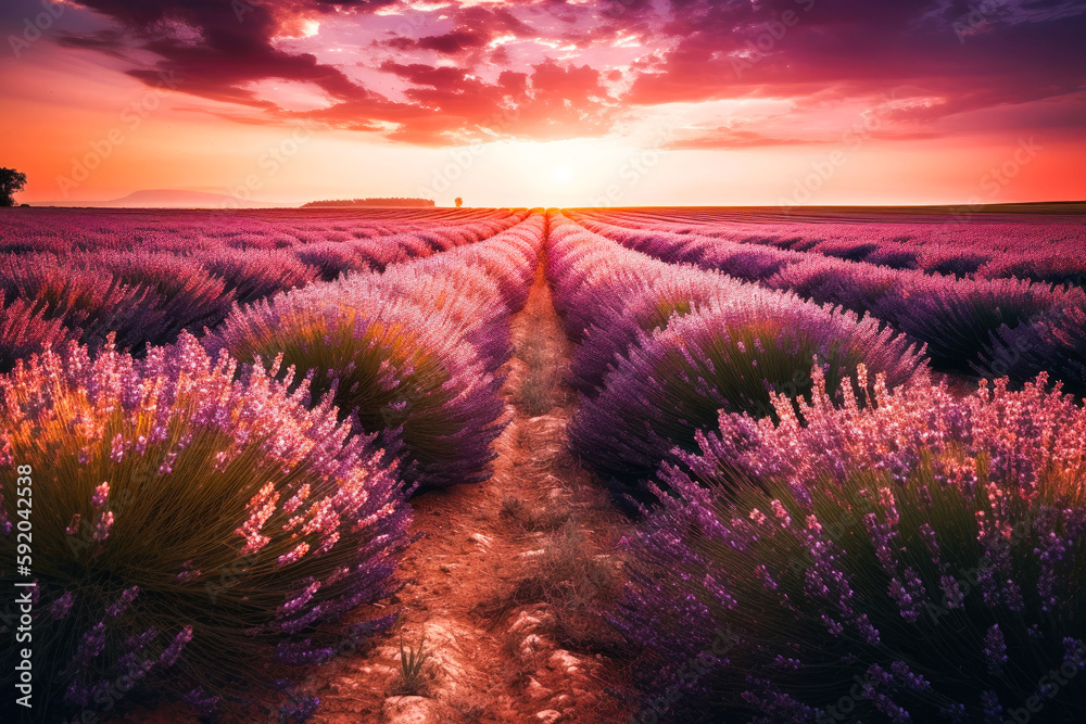 Stunning landscape with lavender field at sunset. Generative AI. Stunning landscape with lavender field at sunset. Generative AI.