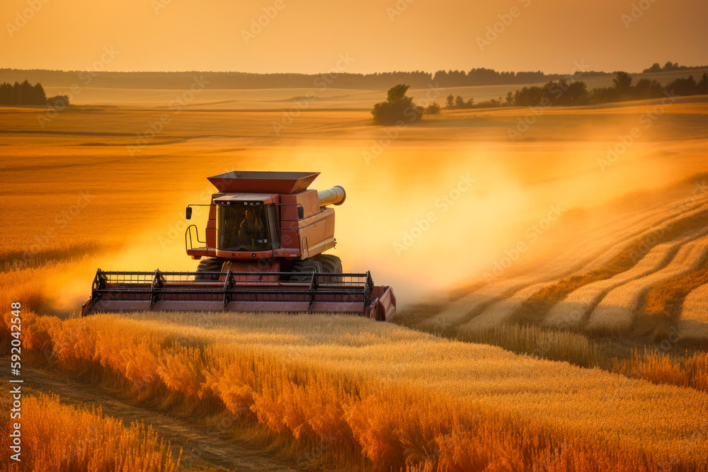 Fototapeta premium Harvester machine to harvest wheat field working. Combine harvester agriculture. Generative AI.