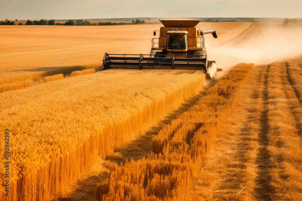 Fototapeta premium Harvester machine to harvest wheat field working. Combine harvester agriculture. Generative AI.