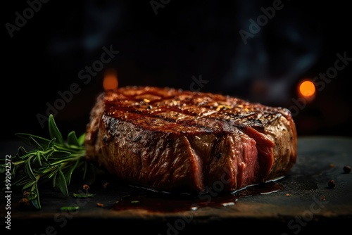 Grilled beef steak on a dark background. AI generated