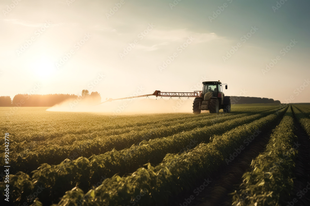 Fototapeta premium Aerial View of Tractor Spraying Pesticides on Green Soybean Plantation at Sunset. Generative AI.
