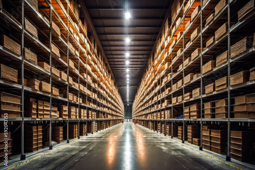 Huge industrial warehouse, full of boxes. Generative AI. © VisualProduction
