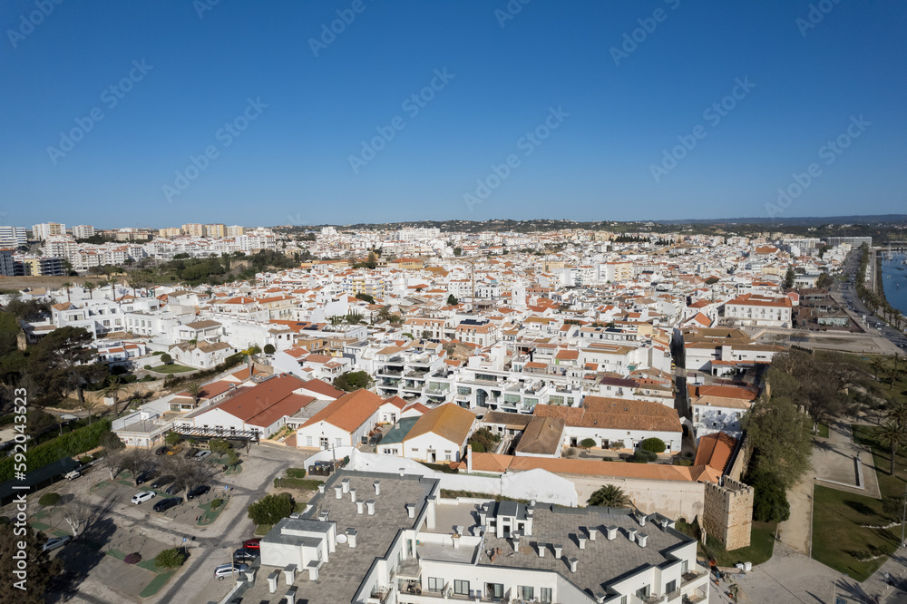Aerial from the city Lagos portugal with the Forte da Bandeira in view with the beach praia