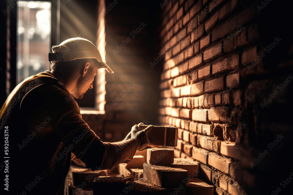 Fototapeta premium Close up of industrial bricklayer installing bricks on construction site. Generative AI.