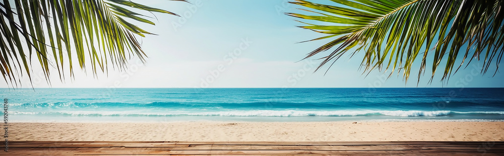 generative AI tools wood table over blue sea, beach and palm leaves background in summer day. Background with copy space  