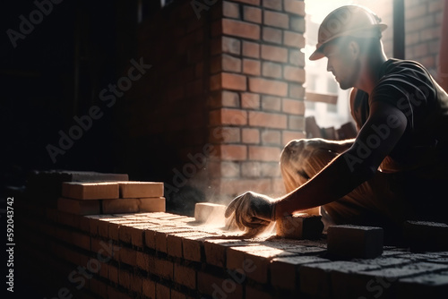 Close up of industrial bricklayer installing bricks on construction site. Generative AI. photo