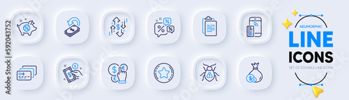 Software bug, Cash and Payment method line icons for web app. Pack of Discounts chat, Contactless payment, Piggy sale pictogram icons. Loyalty star, Card, Cashback signs. Clipboard. Vector