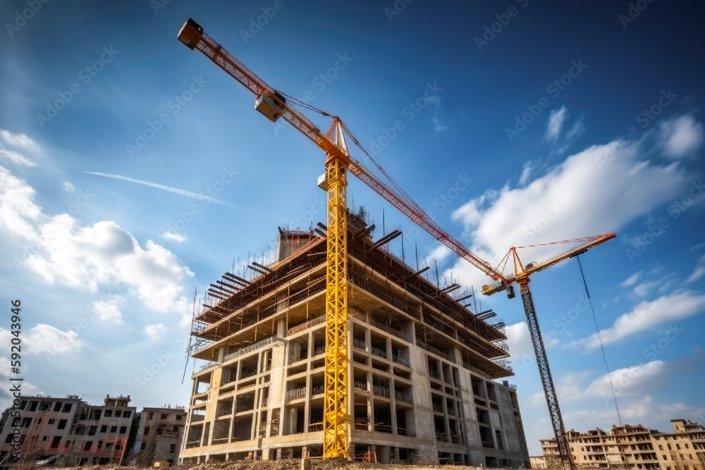 Huge crane at construction site of new multi story residential building. Generative AI. Huge crane at construction site of new multi story residential building. Generative AI.