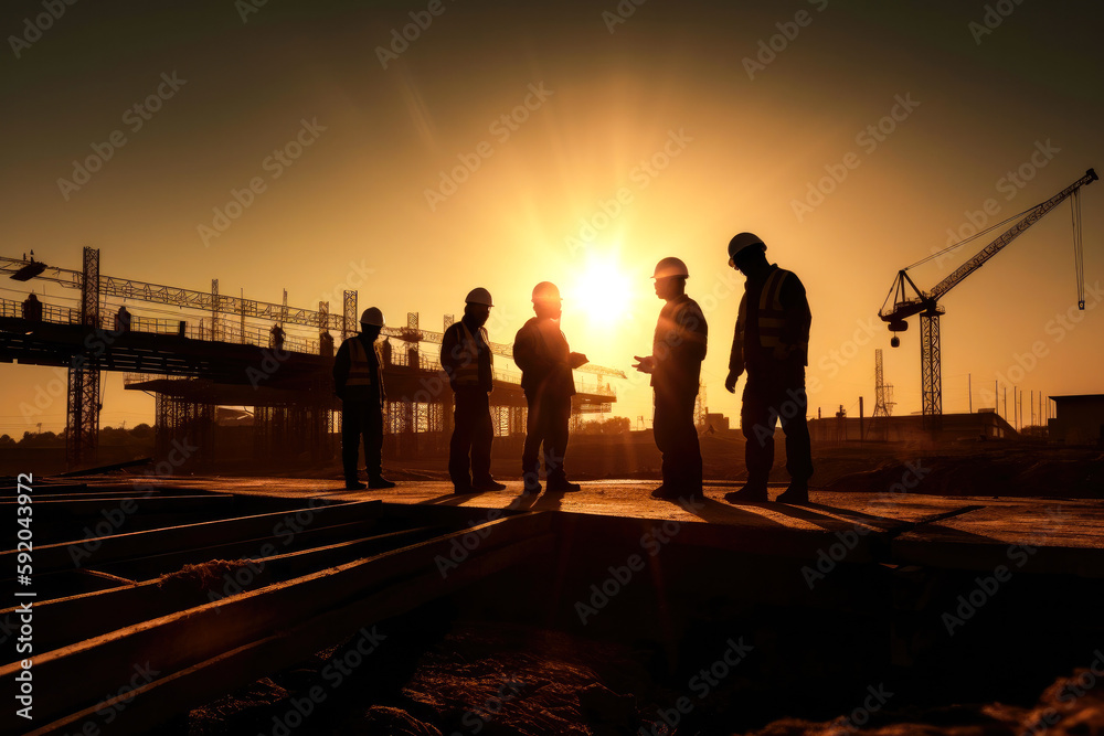 Fototapeta premium Silhouette of engineers and construction team working at site. Sunset. Generative AI.