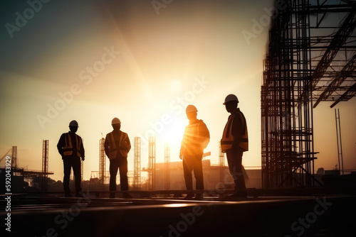 Silhouette of engineers and construction team working at site. Sunset. Generative AI. © VisualProduction